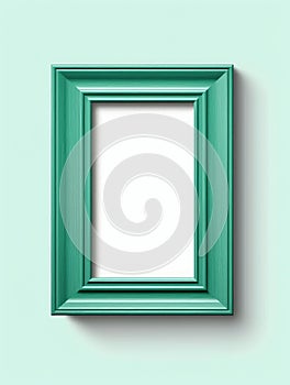 Green frame with an empty white background. The frame is hanging on wall, and it has small square photo inside of it