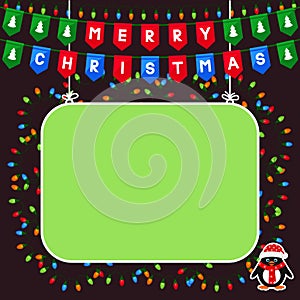 Green frame and pennant flags with Merry Christmas