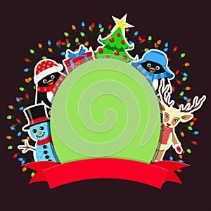 Green frame and red banner with cute Christmas characters