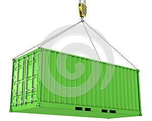 Green freight container hoisted