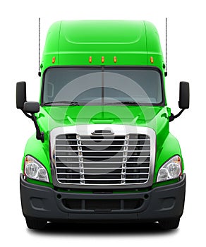 Green Freightliner Cascadia truck with black plastic bumper.