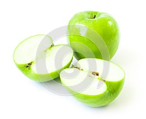 Green fresh apples fruit on white background, healthy diet food