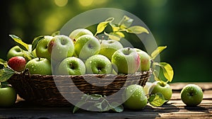 Green fresh apples in wicker basket on old wooden table in garden. Organic apples outdoor after picking in orchard