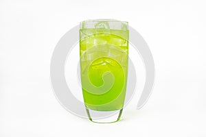 Green fresh cocktail smoothie jusice in glass with ice isolated on white. vitamin drink detox