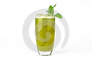 Green fresh cocktail smoothie jusice in glass with mint isolated on white. vitamin drink detox
