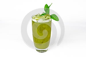 Green fresh cocktail smoothie jusice in glass with mint isolated on white. vitamin drink detox