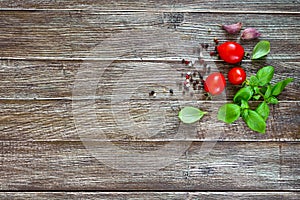 Green fresh leaves of organic basil and small ripe tomatoes salt and pepper on a wooden background