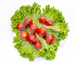 Green fresh lettuce leaves with juicy cherry tomatoes in a white bowl. Isolated on white background
