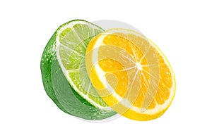 green fresh lime and yellow lemon fruit slice isolated on the white