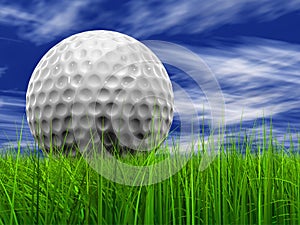 Green, fresh and natural 3d conceptual grass over a blue sky background with a golf ball at horizon