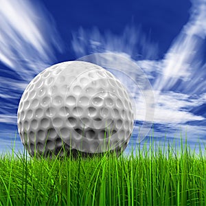 Green, fresh and natural 3d conceptual grass over a blue sky background with a golf ball