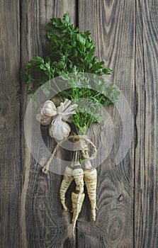 Green fresh parsley with roots and garlic . Fresh herbs for salad. The concept of organic food. Ingredients for salad