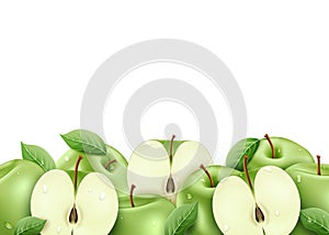 Green Fresh Ripe Apples Sliced and Whole 3D Realistic with Water drops and Leaves