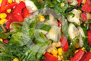 Green fresh salad. Salad with corn, red sweet pepper, cucumber and lettuce. Concept for healthy nutrition close up