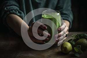 Green fresh smoothie hands. Generate Ai