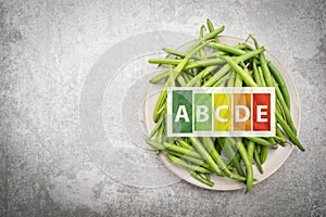 Green fresh string beans on a plate, vegetables, healthy food label, high nutritional values