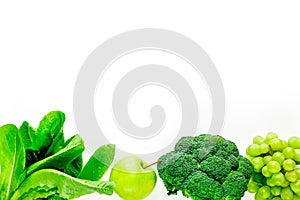 Green fresh vegetables, fruits and plate for healthy salad white background top view mock up