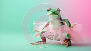 A green frog, adorned in a tutu skirt, stands against a pastel-colored background