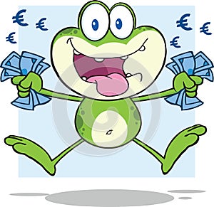 Green Frog Cartoon Character Jumping With Euro