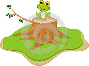 Green frog cartoon sitting on tree stump