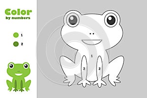 Green frog in cartoon style, color by number, education paper game for the development of children, coloring page, kids preschool