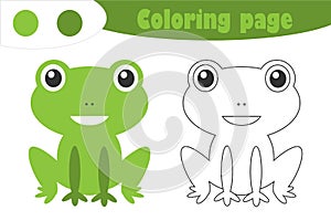 Green frog in cartoon style, coloring page, spring education paper game for the development of children, kids preschool activity,