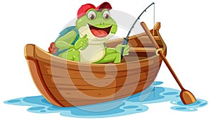 Green frog fishing on the boat cartoon