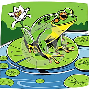 Green Frog Floating On Lily Pad