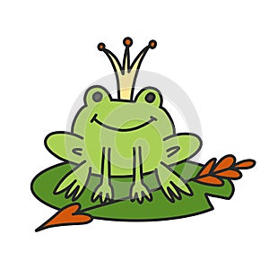 A green frog in a golden crown sits on a water lily and an arrow lies nearby. Russian folk tale Princess Frog. Vector illustration