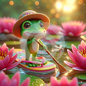 Green Frog Paddling a Flip-flop On a Pond photo