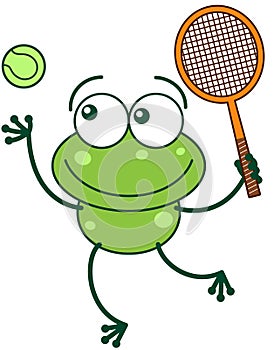 Green frog playing tennis