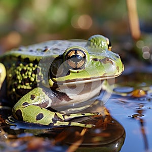 Green frog Rana esculenta peacefully resides in its aquatic environment.