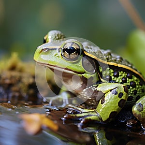 Green frog Rana esculenta peacefully resides in its aquatic environment.