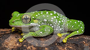 Green frog resting on log