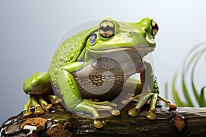 A green frog sitting on top of a wooden log