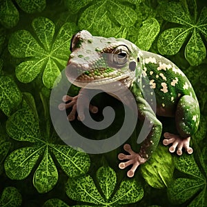 Green frog standing on green clovers. Green four-leaf clover symbol of St. Patrick\'