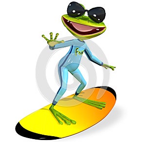 Green frog on a surfboard