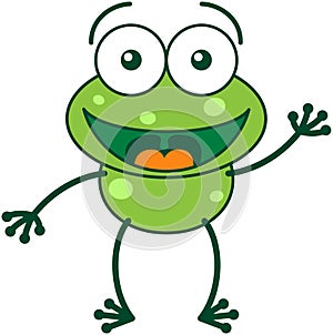 Green frog waving and greeting
