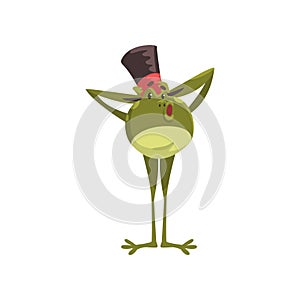 Green frog wearing black top hat, funny amfibian animal cartoon character vector Illustration on a white background