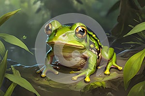 A green frog with yellow eyeballs sitting on top of a leaf-covered stone