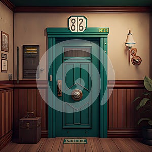 Green front door in hotel corridor. Lamp, title on wall, wooden wall panels. Room entrance doors, retro style interior