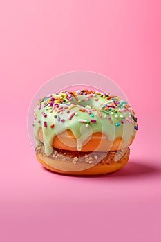 Green frosted donut with rainbow sprinkles on pink background