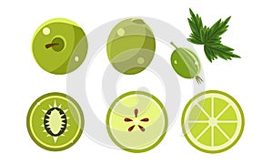 Green Fruits and Berries Set, Lime, Apple, Gooseberry, Olive, Kiwi Vector Illustration