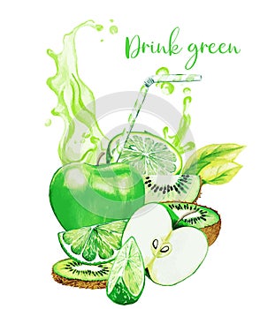 Green fruits composition with green juice splash