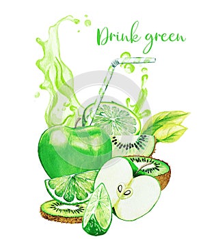 Green fruits composition with green juice splash