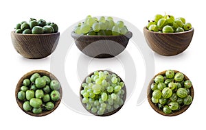 Green fruits isolated on a white background. Collage of different fruits and berries at green color.Green baby kiwi fruit actinidi