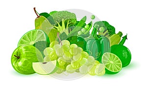 Green fruits and vegetables: apple, lime, grapes, capsicum, pear, peas, cousa squash, broccoli.