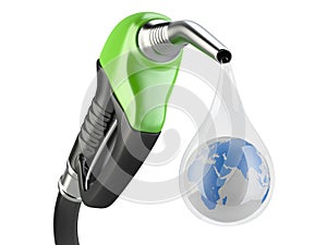 Green fuel pump nozzle and drop water with earth.