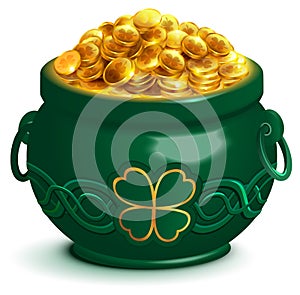 Green full pot with gold coins. Pot with four leaf clover symbol of Patricks Day