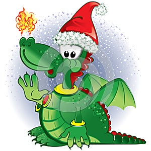 Green funny dragon wearing a Santa hat